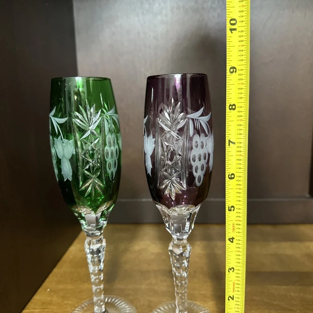 2 Ajka Crystal Glass Champagne Flutes Marsala Emerald Green & Purple 8 7/8